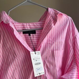Zara Pink Casual Button Down Shirt with Vertical Stripes